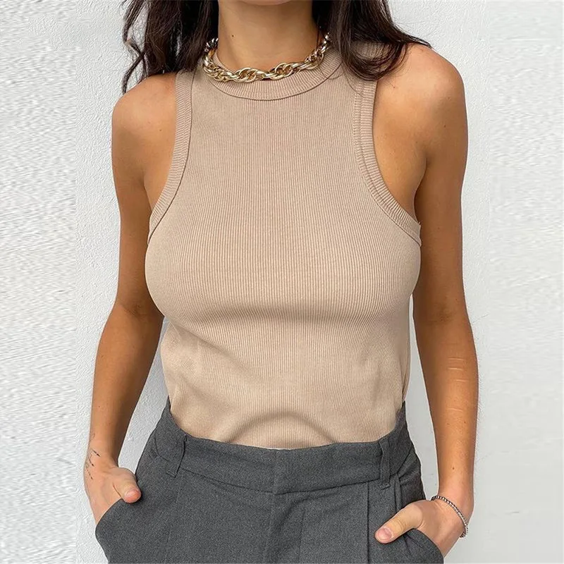 Women's Tank Top Ribbed Knitted Tops Neck Summer Woman Shirts Tank Top Tank Tops Brown Casual Sport Vest Off Shoulder