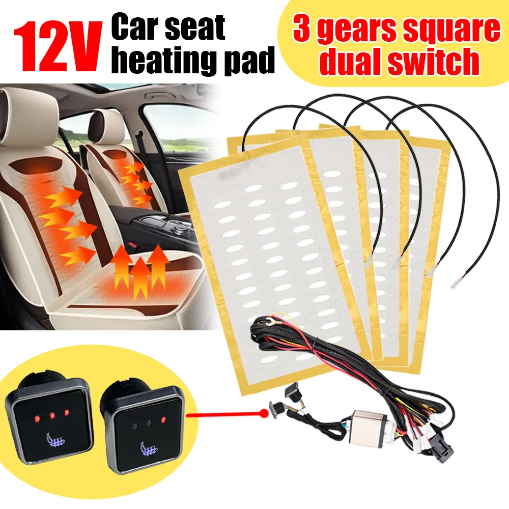 4Pcs 12V 3 Levels Carbon Fiber Car Seat Heat Pads LCD Display Kit Round Switch Cushion Set Winter Warmer Seat Covers