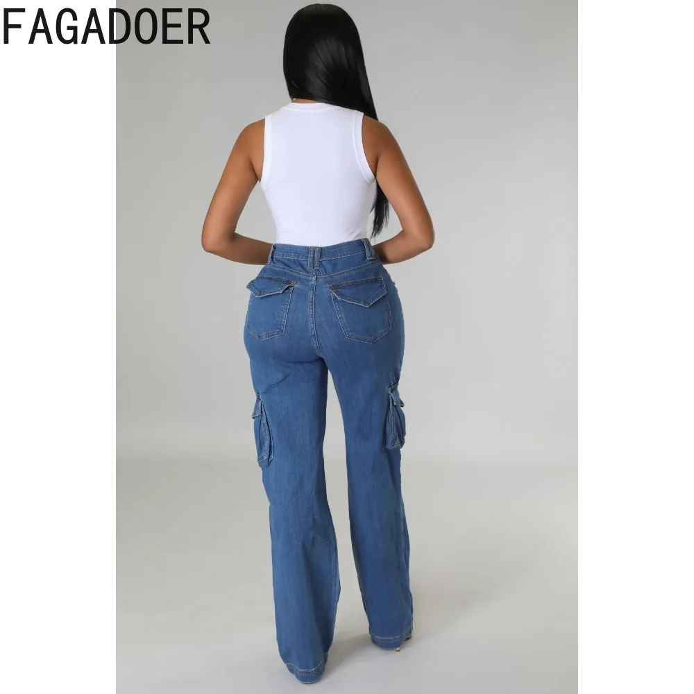 FAGADOER Blue Fashion Denim Hole Straight Pants Women High Waist Button Pocket Loose Jean Trousers Casual Female Cowboy Bottoms