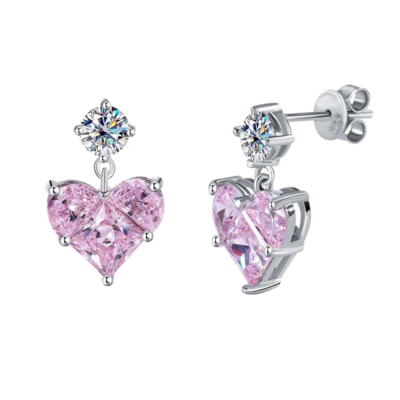 S925 sterling silver earrings for women with moissanite diamond heart-shaped pendants, love series design, Valentine's Day gift