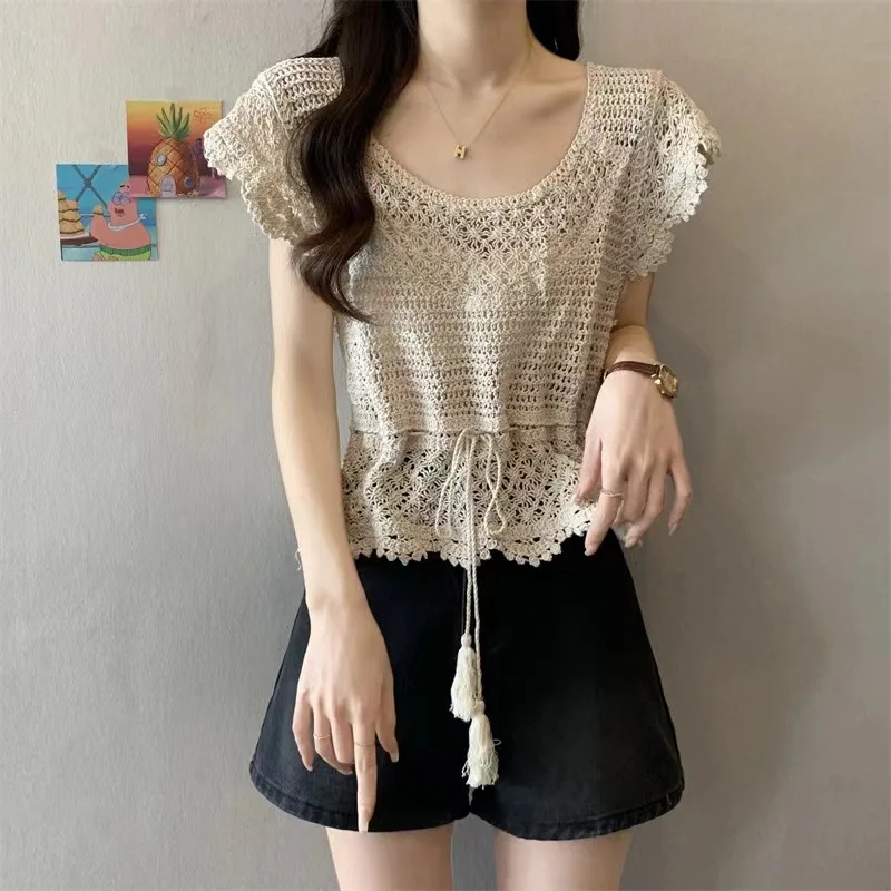 Crochet Tops for Women Short Sleeve Drawstring Waist Open-knit Sheer Crop Shirts Blouses Boho Vacation Outfit