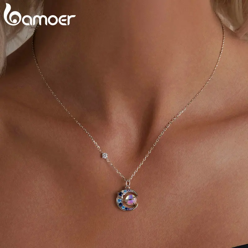 BAMOER Planet Necklace 925 Sterling Silver Star Moon Saturn Universe Space Pendant Birthday Jewelry Gifts for Women Girls