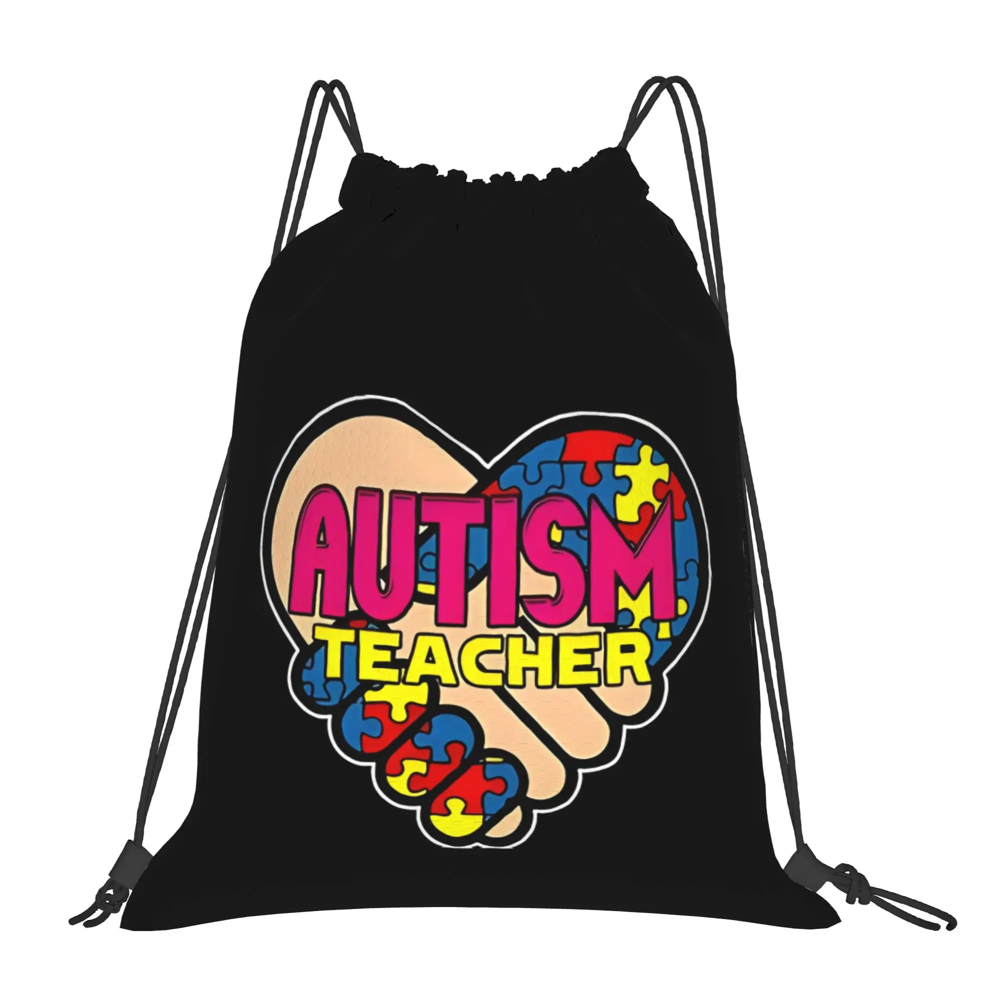 Autism Teacher   Autism Teacher Heart  Portable Hiking Drawstring Backpack Riding Backpack Gym Shoes Drawstring Bags