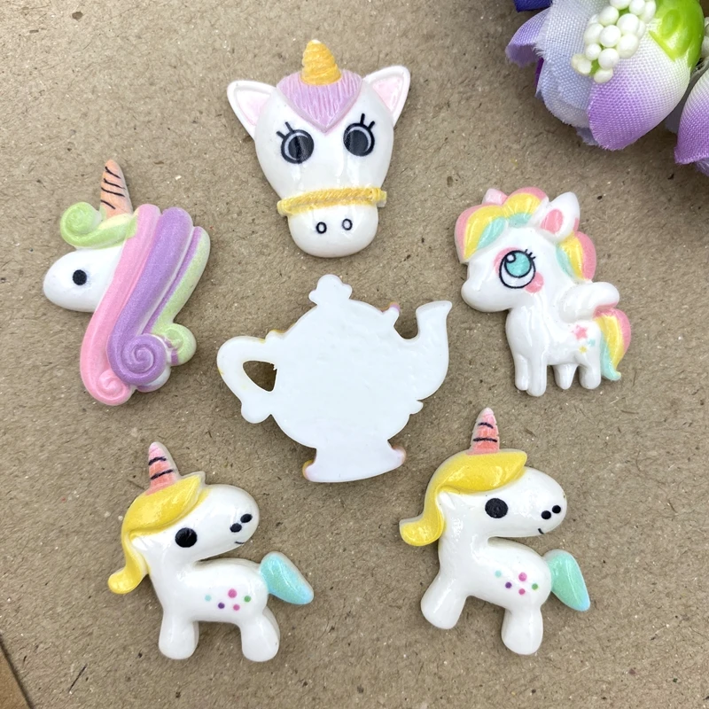 10pcs Flat back Resin cartoon Unicorn Children send hair clips Miniature Pattern Applique DIY Home Decor Scrapbook Craft