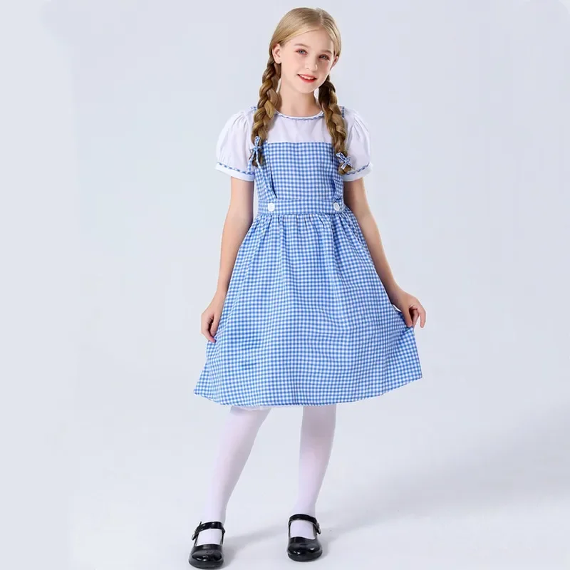 Child Traditional Blue Plaid Oktoberfest Dirndl Dress Costume for Kid Girls Halloween Party Cosplay Dorothy Wizard of Oz Costume