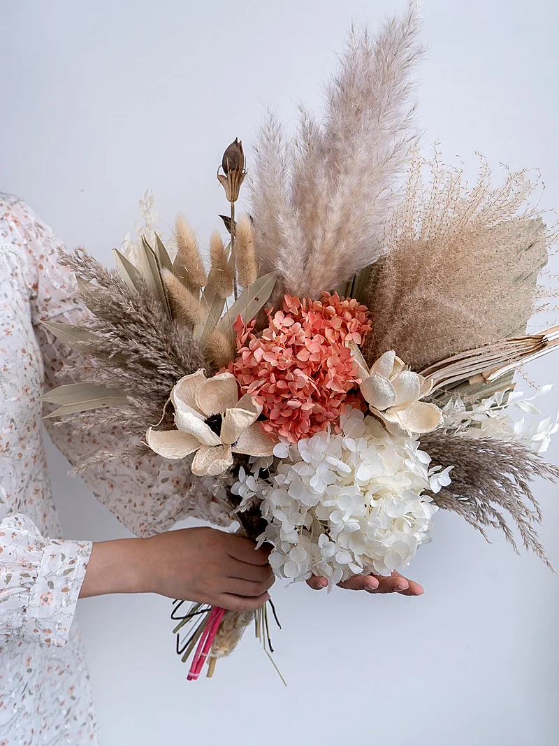 Dried Flower Bride Bouquets,Preserved Ros Hydrangea Fluffy Dry Pampas Grass Wedding Decoration,Photo Props,Party Gift Room Decor