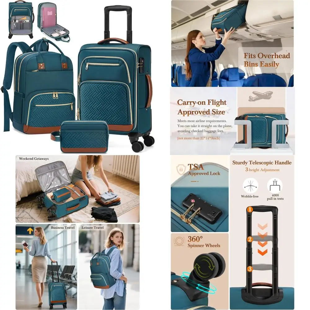 20 Inch Airline Approved Softside Rolling Luggage Set, 3 Piece Suitcases with Wheels, Carry-On Travel Bag