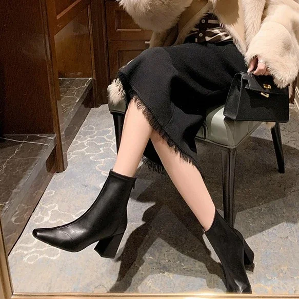 2024 Hot Sale Women's Shoes Back Zip Women's Boots Fashion Square Toe Office and Career High Quality Solid Mid-Calf Bootszapatos image 2