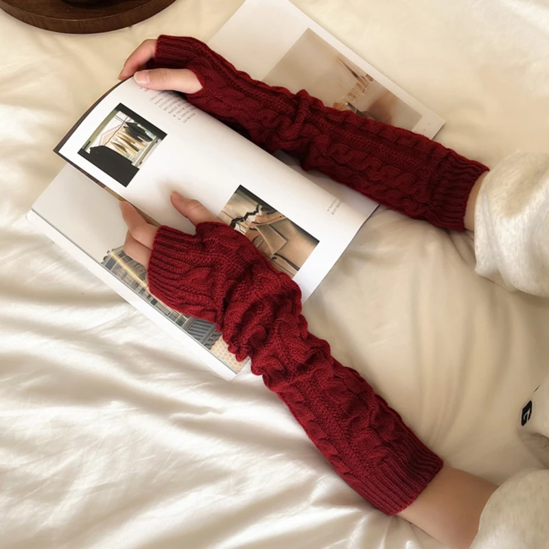 Women's Long Fingerless Gloves Winter Punk Warm Oversleeves Knitted Half Finger Twist Arm Sleeve Mitten Keep Warm Arm Warmer