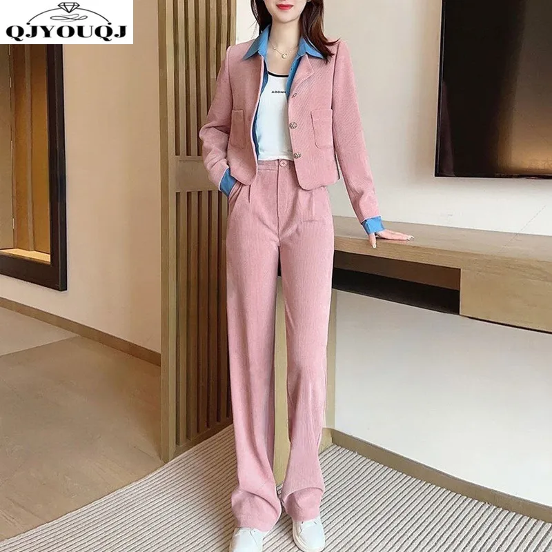 Women's suit set 2024 spring and autumn new fake two-piece polo collar top+loose wide leg pants two-piece set