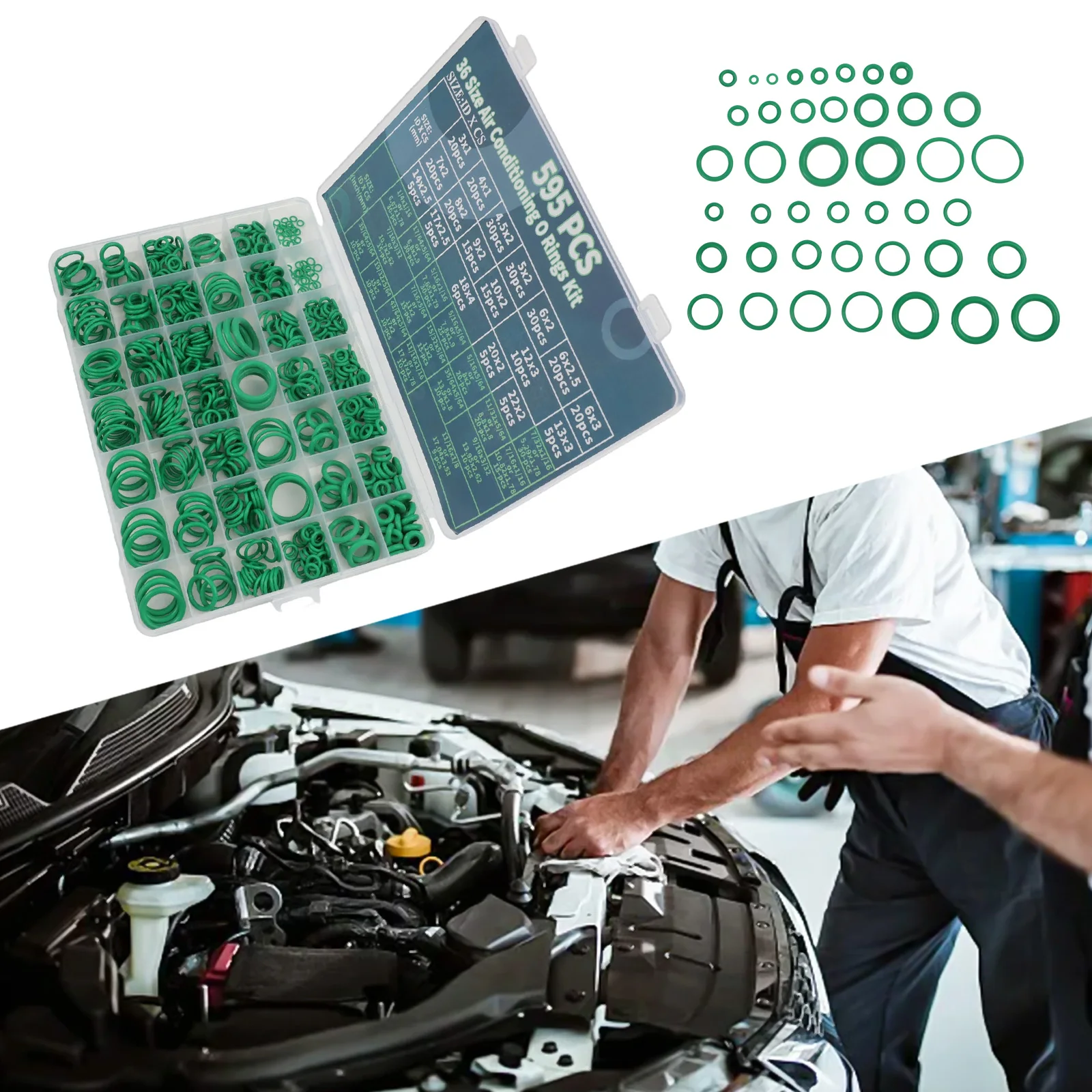 595PCS Air Conditioner O-Ring Kit 36 Sizes Green Rubber Sealing Rings Set With Storage Case For Auto AC Repair