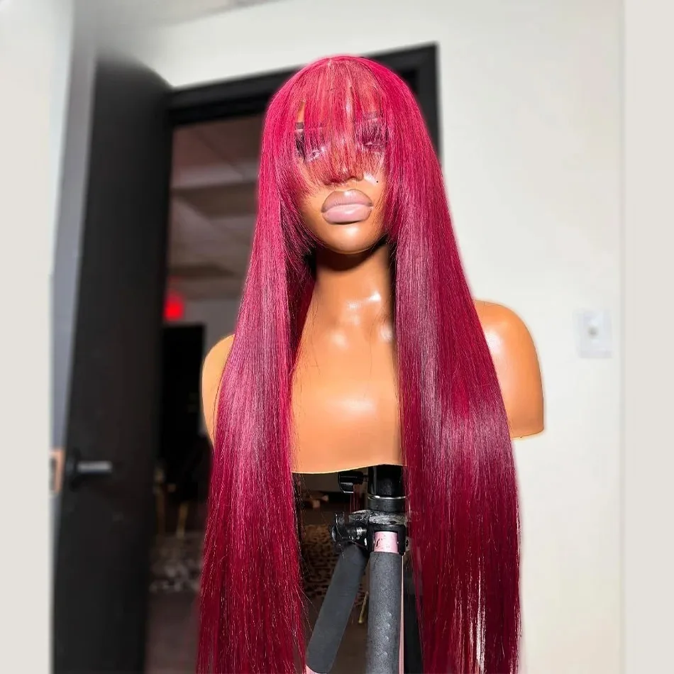 200% 30 32 Inch 13X4 HD Straight Lace Front Wig With Bangs 99J Red Burgundy Colored Transparent Synthetic And Blend Lace Wigs