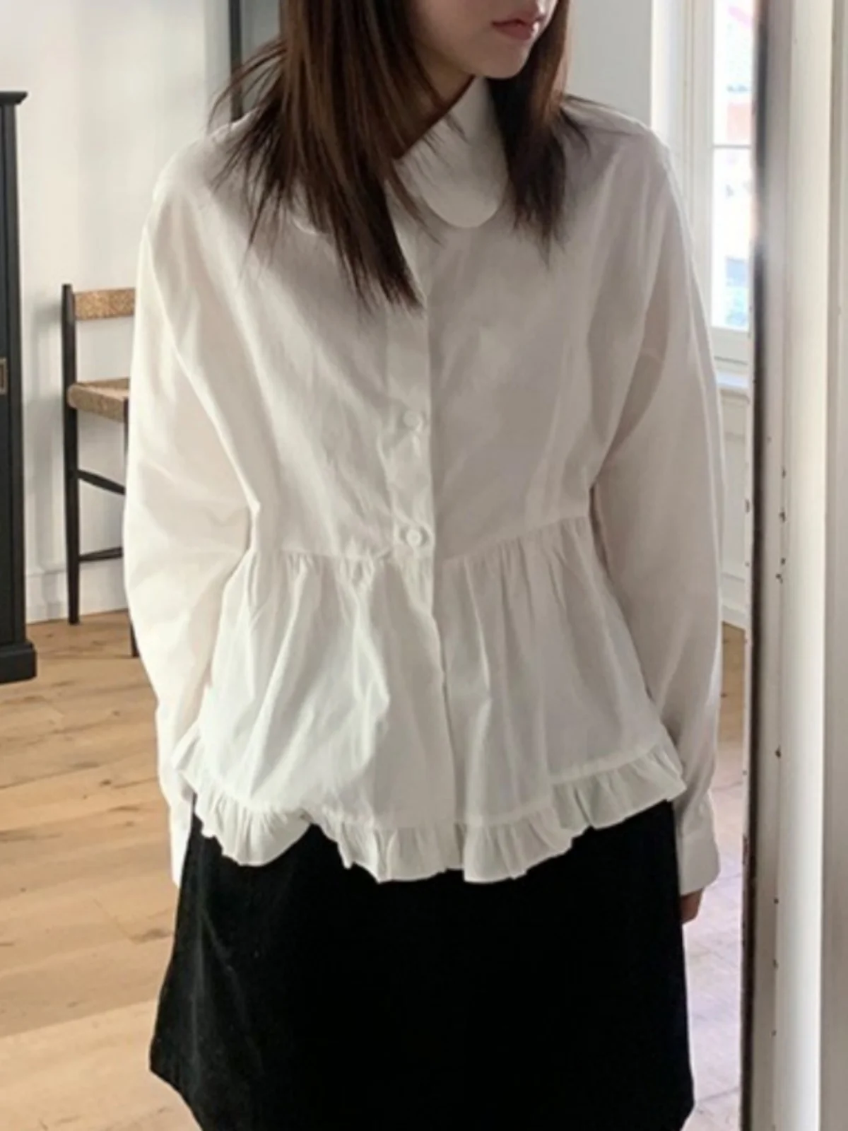 

Sweet Soft Girl Doll Collar Blouse Korean Sle Women's Faion Detailing Loose Fit Long Sve irt for Young Adults