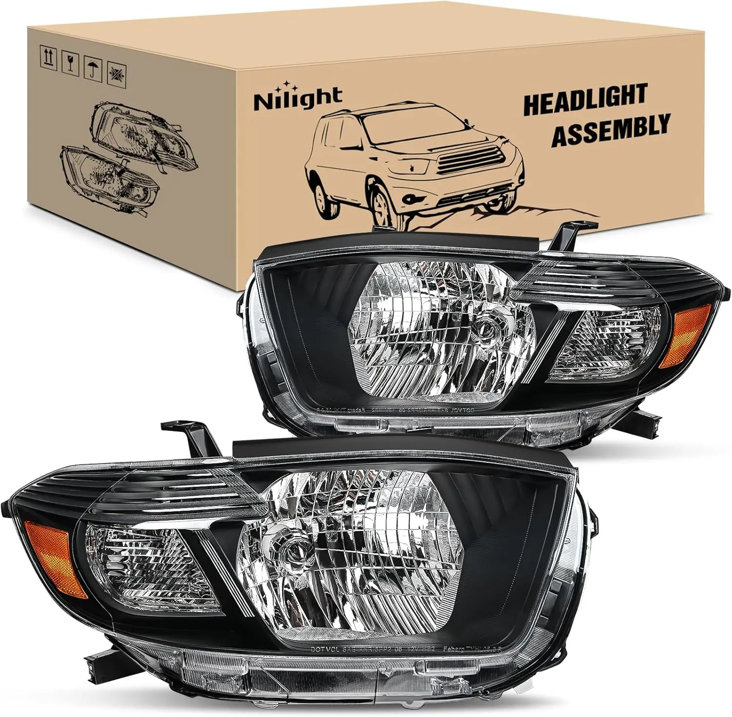 

Фары в сборе для Toyota Highlander 2008 2009 2010, черный корпус, янтарный отражатель
