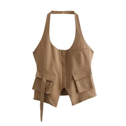 Autumn New European And American Fashion Temperament Women's Clothing Pocket Decoration Hanging Neck Collar Top