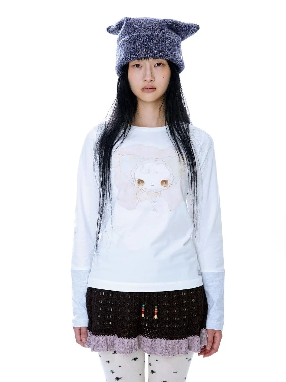 Cseta de Manga Longa com Estampa de Boneca Fena Estilo Vintage Japonês Slimming Top Versátil Respirável gável à Pele