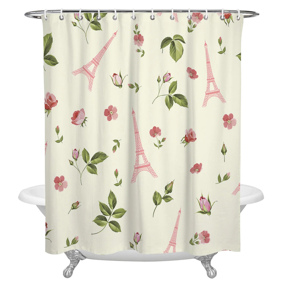 Spring Pink Flowers Green Leaves Eiffel Tower Waterproof Shower Curtain With Hook Bath Curtains Bathroom Decoration Accessories