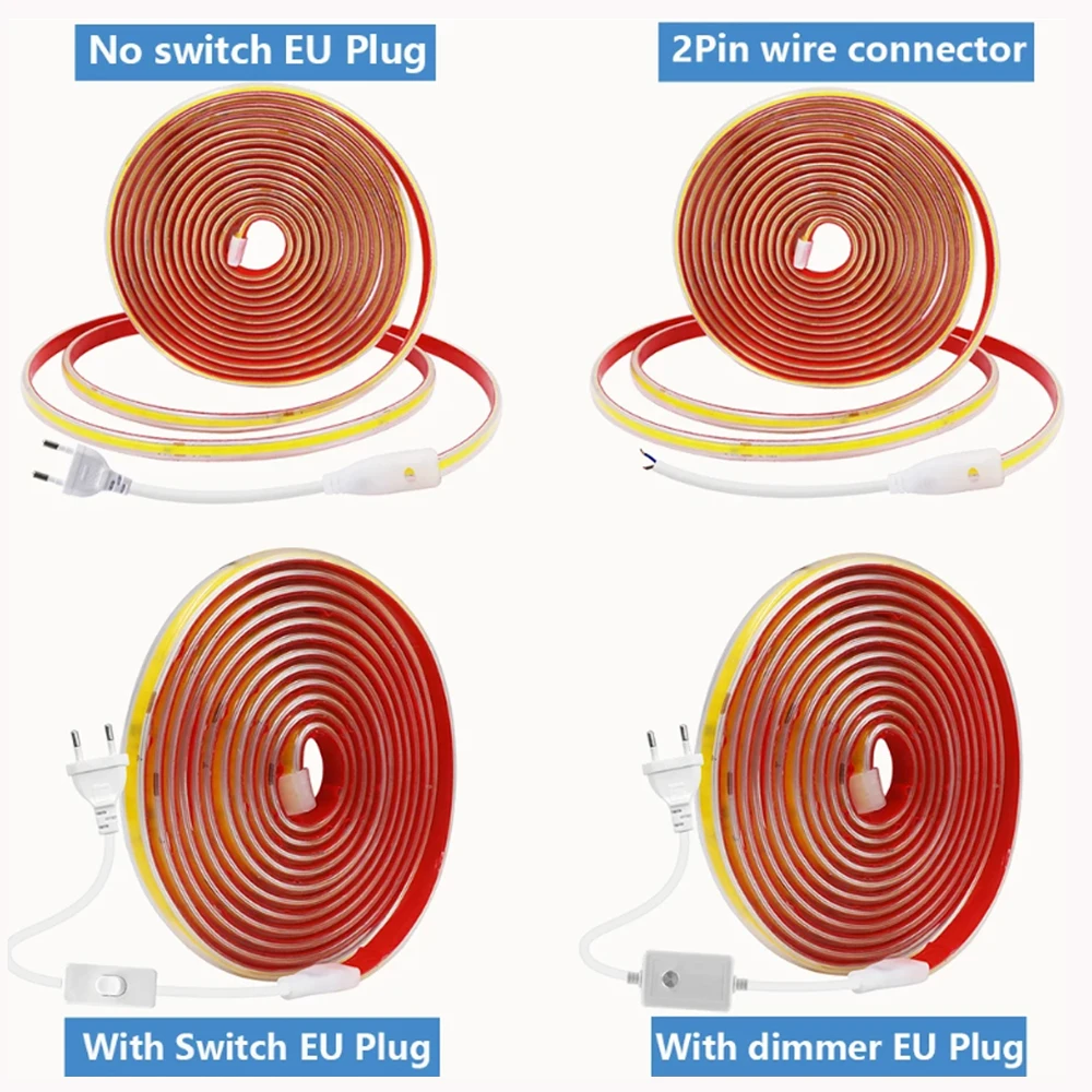 220V Dimmable COB LED Strip Light Switch/Dimmer EU Power Kit Waterproof 240LEDs Warm Natural White Adhesive Tape Linear Lighting
