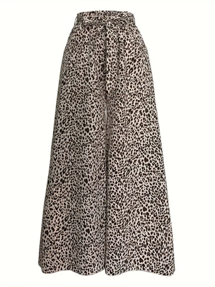 Vrouwen nieuwe luipaardprint wijde pijpen broek hoog getailleerde elastische flowy palazzo broek zomer boho vakantie casual bodems broek