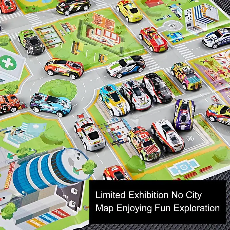 30/50/70pcs Alloy Pull Back Cars 1:64 Pullback Mini Cars City Cartoon Inertia Racing Car Model with road sign/ map for child