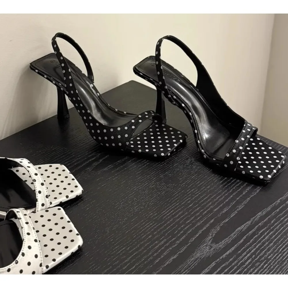 Fashion Brand Designer Heeled Sandals Women Polka Dot Square Toe Summer Open Toe Sexy Banquet Party Elegant Comfort Office Heels