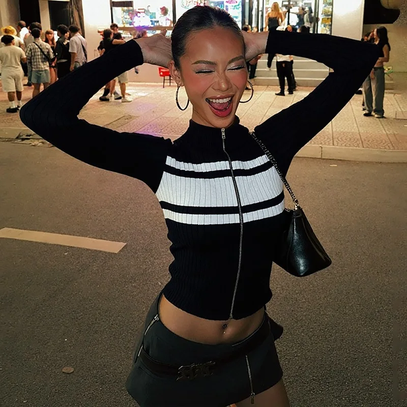 Hohe Qualität Heißer Verkauf Großhandel Herbst und Winter Neue Mode Kontrast Zipper Strickjacke Top Slim Fit Langarm Pullover