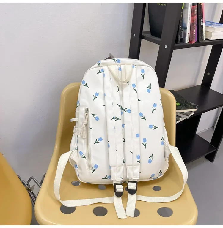 Girls Bookbag Nylon Multi Pocket Cute School Travel Shoulders Bag Junior Senior High School Students Blue Tulip Backpacks