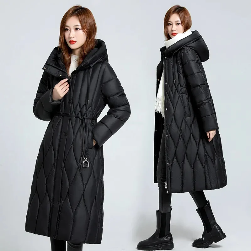 Oversized 7XL Black Down cotton Jacket Women\'s Warm Parka 2024 Winter New Slim Thicken Hooded Coat Female Long Snow Parkas