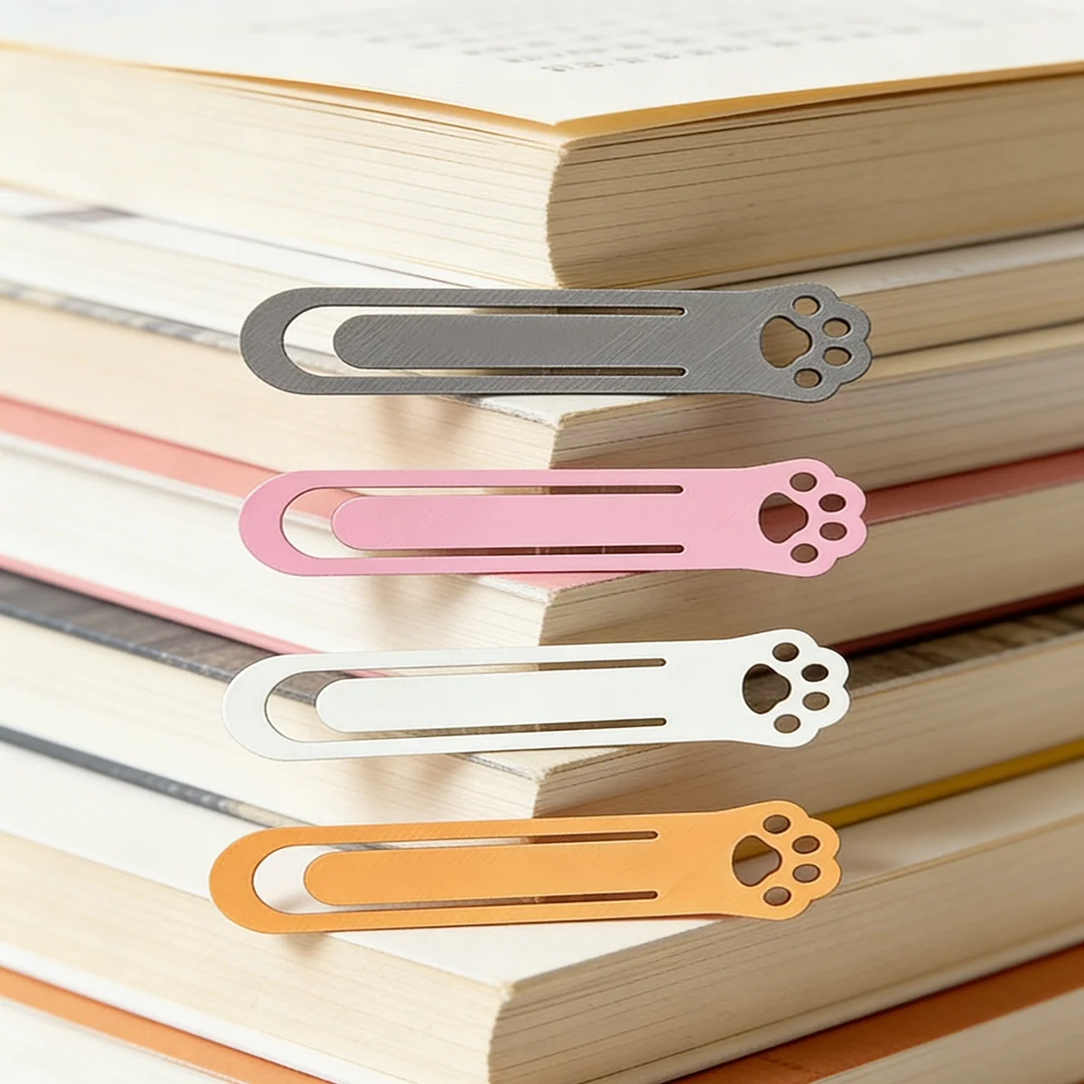 3D Printed Pla Eco-Friendly Material Creative Cute Cat Paw Bookmarks, Multi-Color Mini Cat Bookmarks Set of 4 (White, Pink, Gray, Orange)