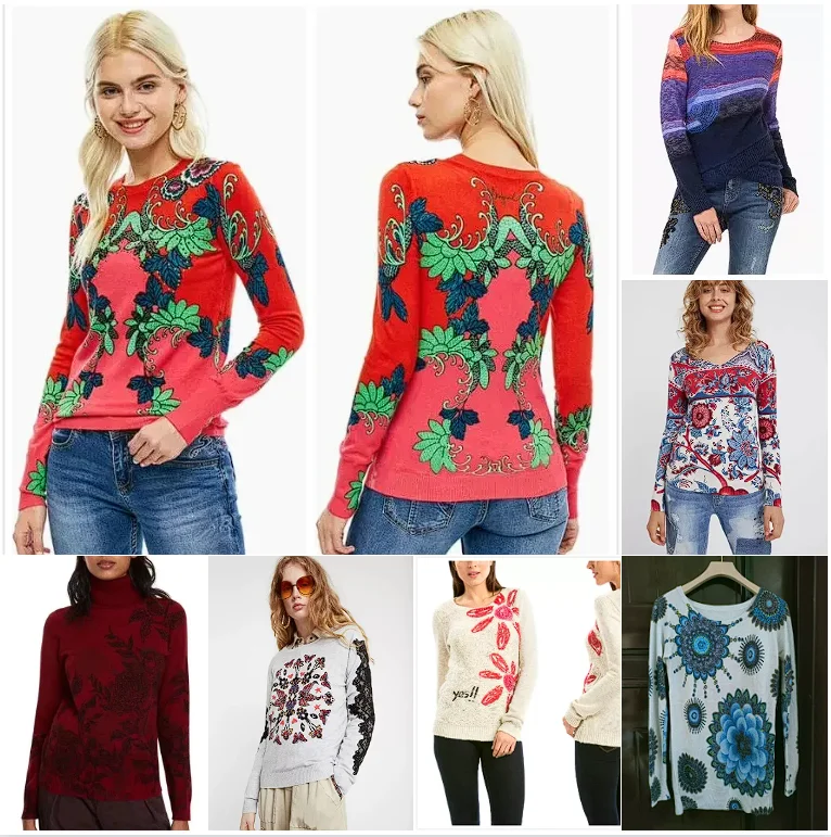 

Foreign trade original order Spanish women's knitted sweater embroidered print round neck slim fit elastic thin sweater