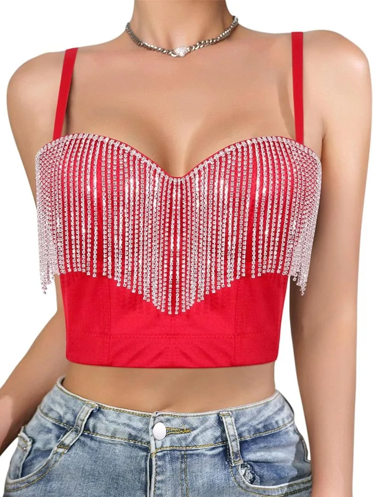 S-XXL Plus Size Lady Party diamentowy gorset z frędzlami dziewczyny Rhinestone klub nocny gorset Push Up Bralette kobiece Camis Lady krótki Top — zdjęcie 2