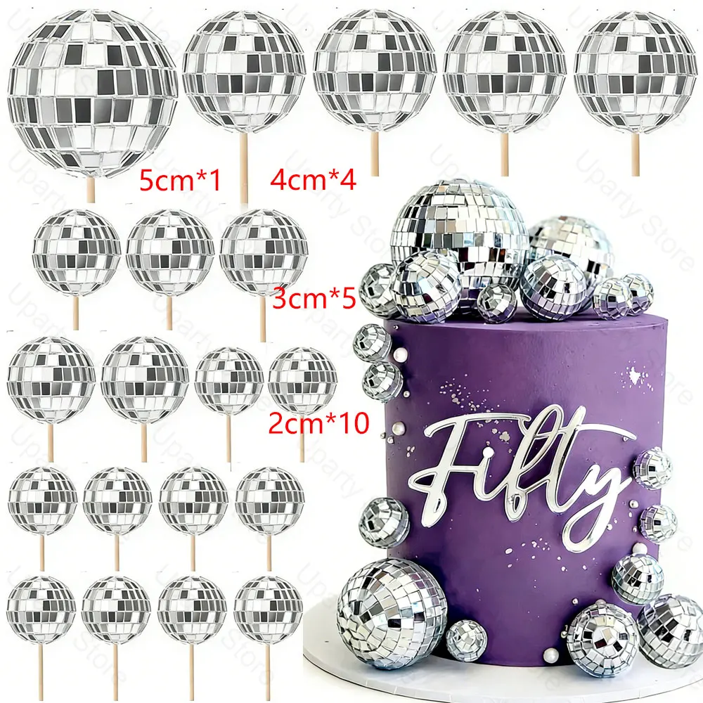 20 Stück Disco-Kugel Cupcake-Topper mit Stiel 2/3/4/5cm Glänzende Rosa Silber Disco-Kuchendekoration für Geburtstag Disco-Party Deko – Detail 2