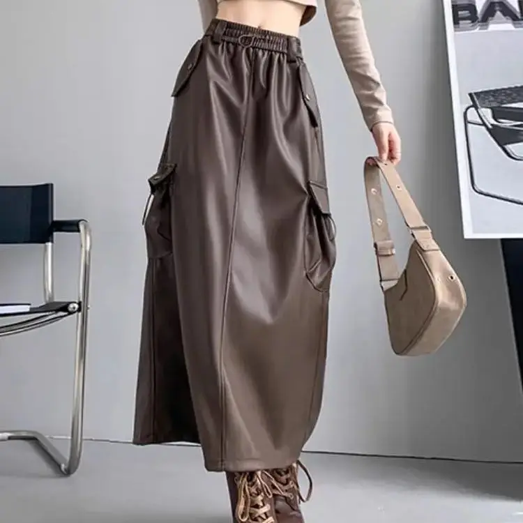 

American Workwear Leather Skirt Women 2024 Autumn New High-Waist Slimming Slit A-Line Mid-Length Hip-Hugging Skirt