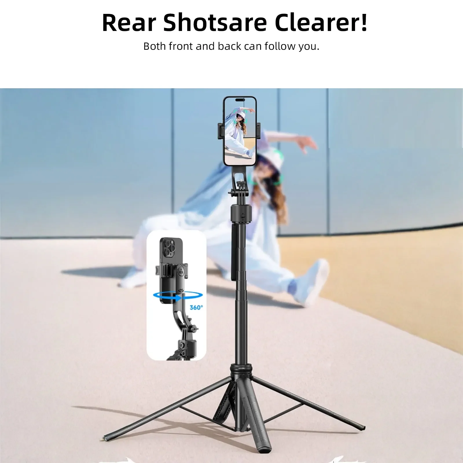 

64" Al Face Tracking Selfie Stick Quadripod 360 Rotation Handle Tripod Head with Phone Holder Multi-Function Aluminium Rod