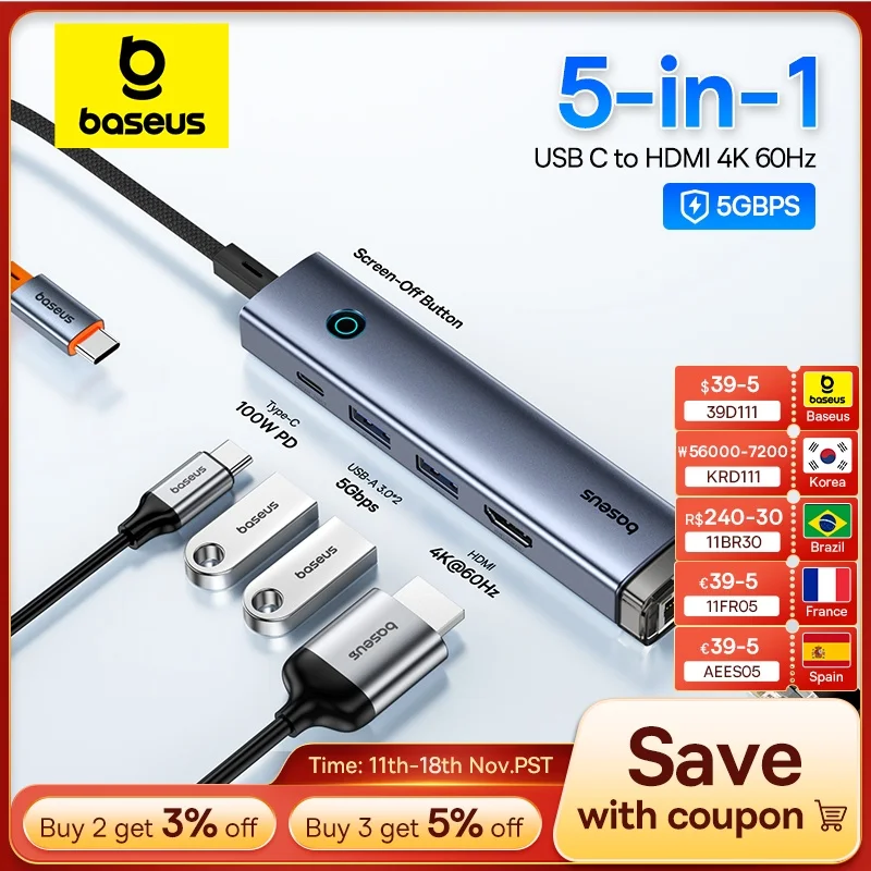 Baseus USB C Hub 4K 60Hz USB Type C 3.0 to HDMI-Compatible RJ45 PD 100W USB 3.0 Slim Adapter USB C Dock for MacBook Air USB HUB