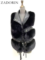 ZADORIN 4XL Autumn Winter Splicing Zippers Faux Fox Fur Vest Women Luxury Leather Collar Short Women Faux Fur Coat Fur Waistcoat