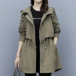 Women Autumn Hooded Trench Coat Fashion Drawcord Loose Pocket Solid Jacket Korean Office Lady Mid Length Casual Outerwear