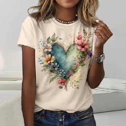 Camiseta con estampado de amor de flores en 3D para mujer, Tops de manga corta para niña, Jersey suelto informal con cuello redondo, ropa de tendencia de verano