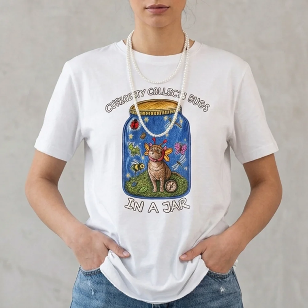 Women T Shirt Funny Cat Curiosity Collects Bugs In A Jar Graphic Tees Cute Kitten Cottagecore Aesthetic Short Sleeve Tops
