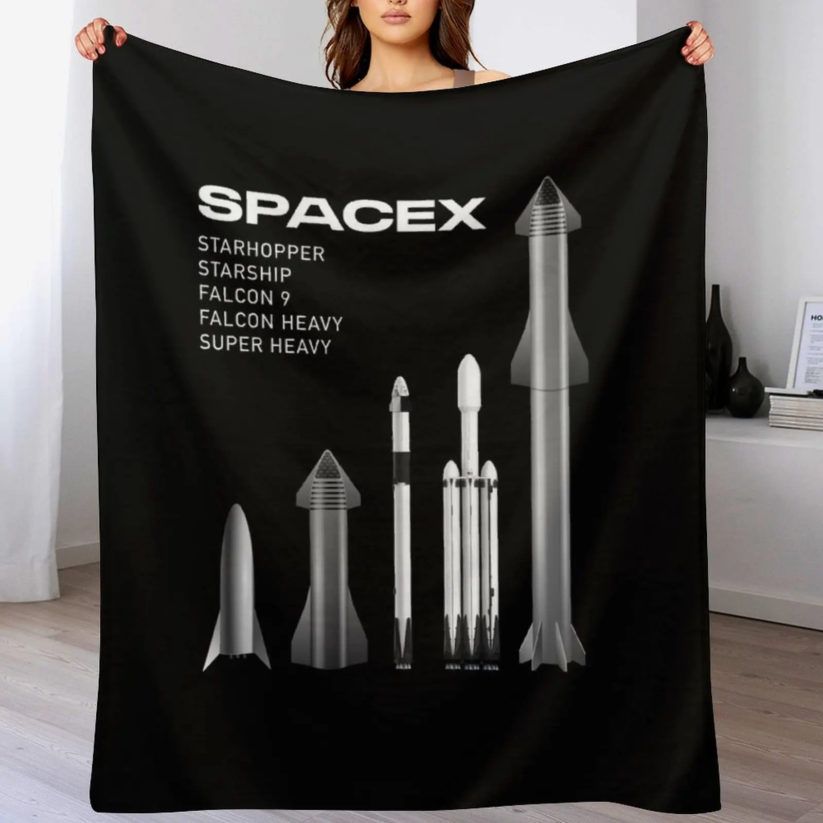 SpaceX Rockets - Starship, Super Heavy, Falcon 9, Falcon Heavy Line Up Throw Blanket Furrys Blankets