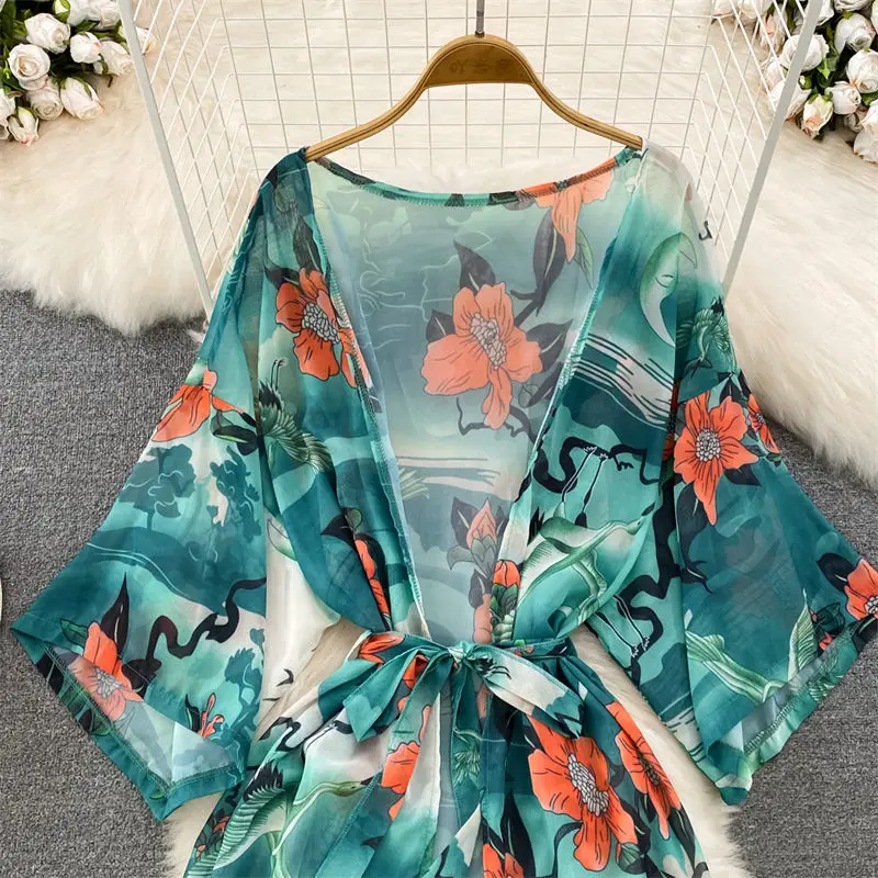 Fashion Loose Long Printed Chiffon Beach Jacket Sun Protection Cardigan Vacation Bikini Top Women's Summer Cover Up Robe Z942