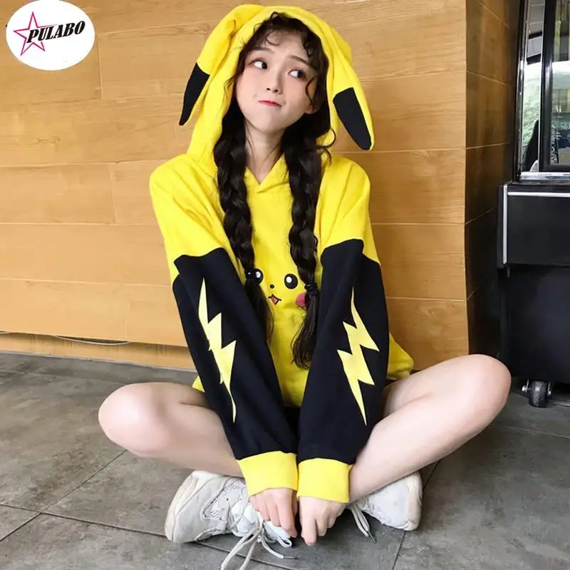 

PULABO Autumn Women Cartoon Print Hoodies Anime Kawaii Girls Cute Long Ears Oversized Hooded Sweatshirts Velvet Warm Pullovers