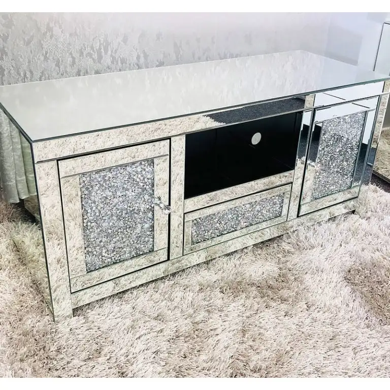Factory Wholesale Long Sparkling Diamond Crush Mirrored TV Stand Entertainment Media Unit for Living Room
