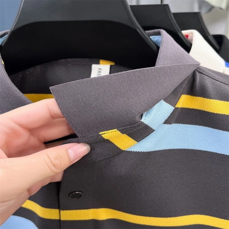 New men's high-quality striped short sleeved polo shirt, summer fashion, casual, breathable, silky and cool T-shirt top