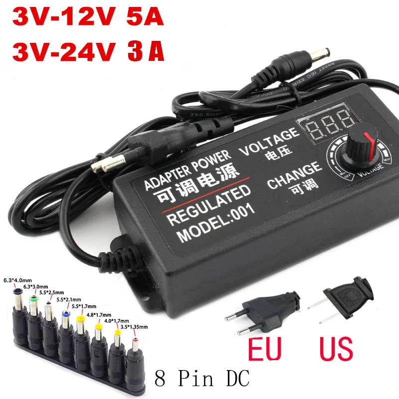 

Adjustable Power Supply Adapter AC To DC 3V 12V 3V 24V 9V 24V Universal Adapter with Display Screen Voltage Regulated Hoverboard