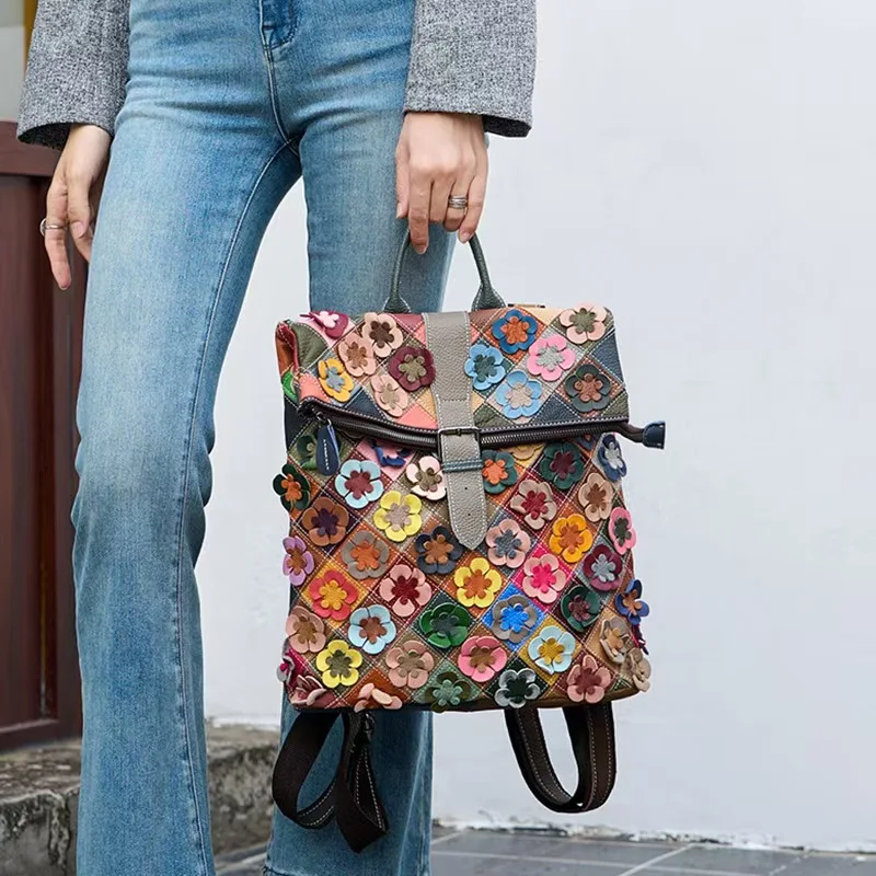Vintage Women Genuine Leather Backpack Flower Real Cow Leather Shoulder Bags Fashion Patchwork Ladies Cowhide Travel Bagpack - view 4