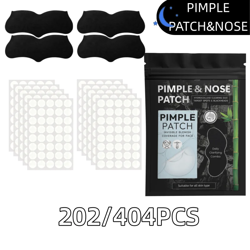 202/404Pcs Hydrocolloid Pimple Patch and Black Nose Strip Set Invisible Blemish Stickers Assorted Sizes Daily Face Care