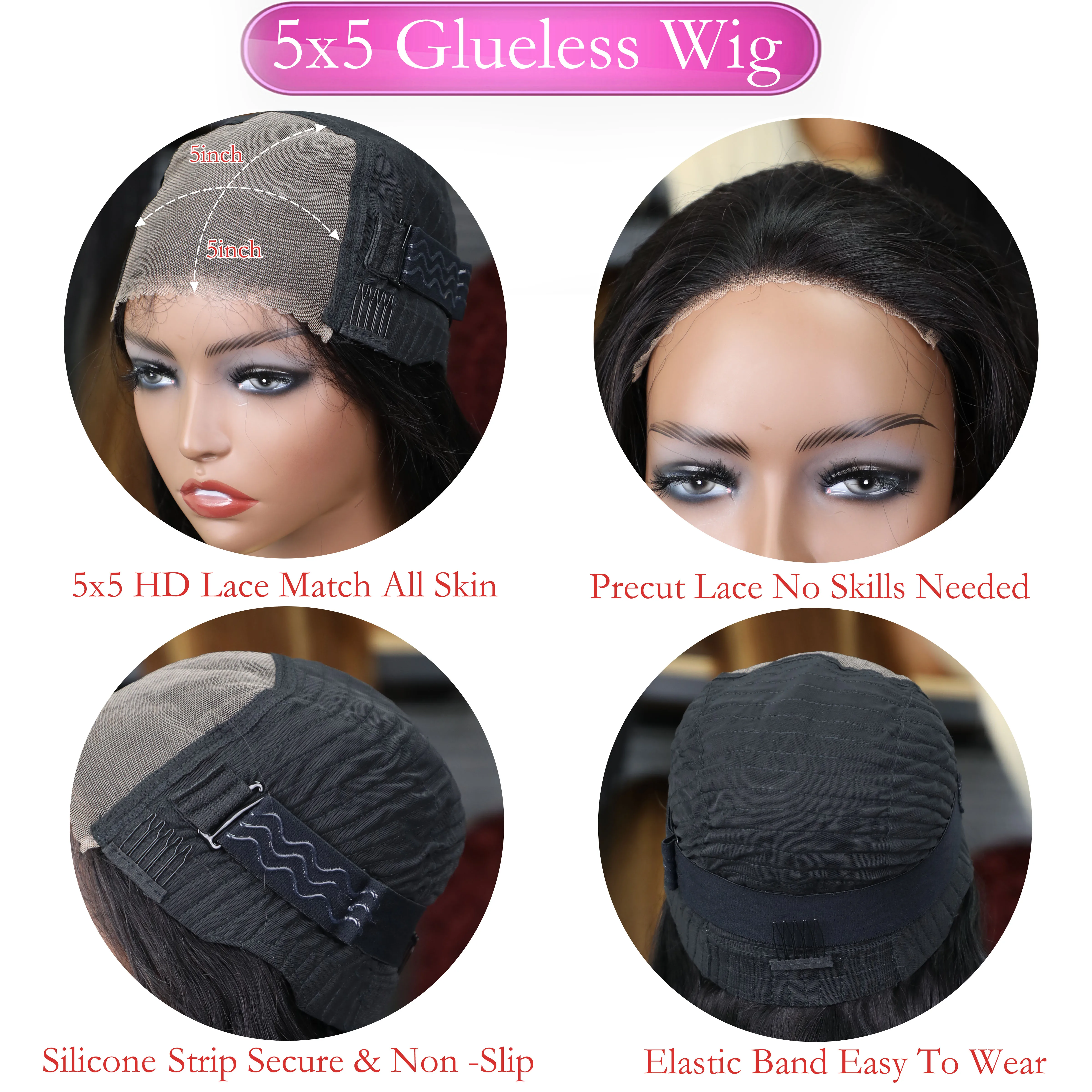 Wear And Go 5x5 Straight Glueless Wig Bone Straight Brazilian Human Hair Ready To Wear Pre Cut Lace Front Closure Wigs for Women