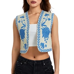 Women's Embroidered Cardigan Vest Sleeveless Open Front Flower Outwear Streetwear Outfits Aesthetic Female Jackets Vests