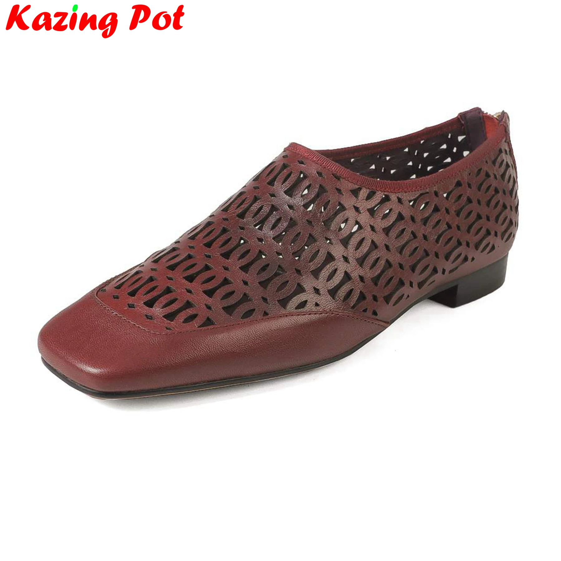 

Krazing Pot Plus Size 33-41 Cow Leather Low Heels Hollow Slip On Chic Summer Shoes Luxury Red Concise Retro Shallow Women Pumps